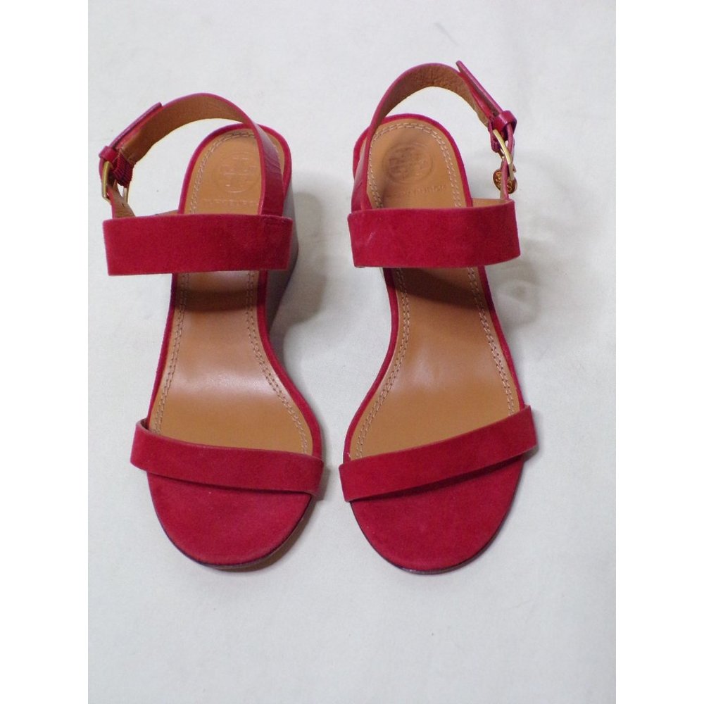 Tory Burch Mini Benton Wedge Sandal Shoes Red Suede 5 Gem